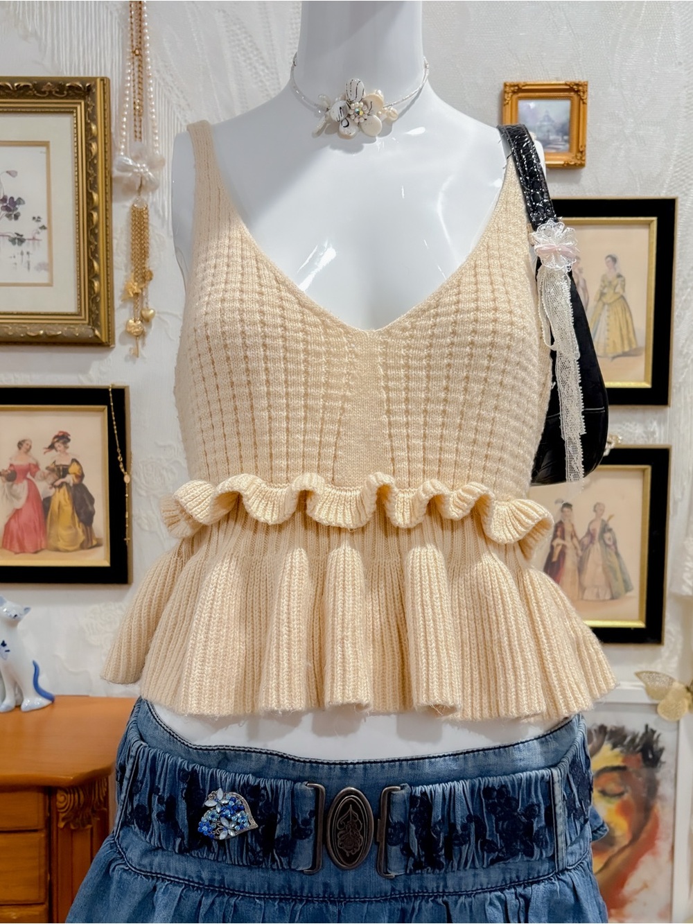 Coquette feminine romantic girly babydoll peplum ruffle knit cream tank top
